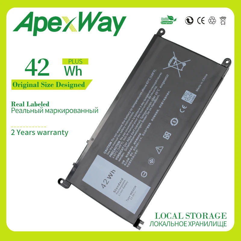 ApexWay 11,4 V 42Wh WDX0R Аккумулятор для ноутбука Dell Inspiron 13 5000 5368 5378 7368 14 7000 7560 7460 5567 15MF FW8KR T2JX4 3CRH3