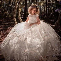 white lace flower girl dresses for wedding pearls bead floral appliques princess toddler pageant gown first communion prom dress