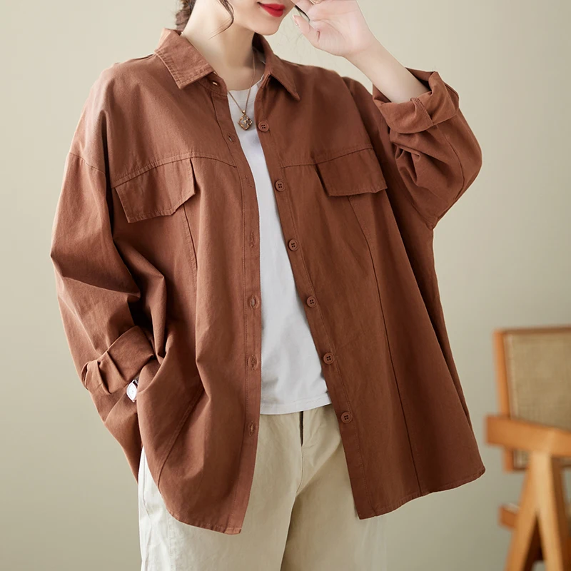 

2023 Long Sleeve Cotton Looose Summer Autumn Blouse Shirts Office Lady Outwear Work Blouse Fashion Women Spring Casual Blouse
