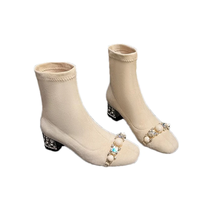 Роскошные женские ботильоны на высоком каблуке с кристаллами зимние замшевые