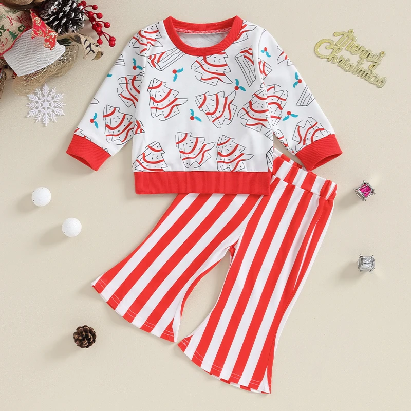 

Рождественская одежда для маленьких девочек, свитшот с длинным рукавом и рисунком рождественской елки, полосатые расклешенные брюки, комплект одежды из 2 предметов