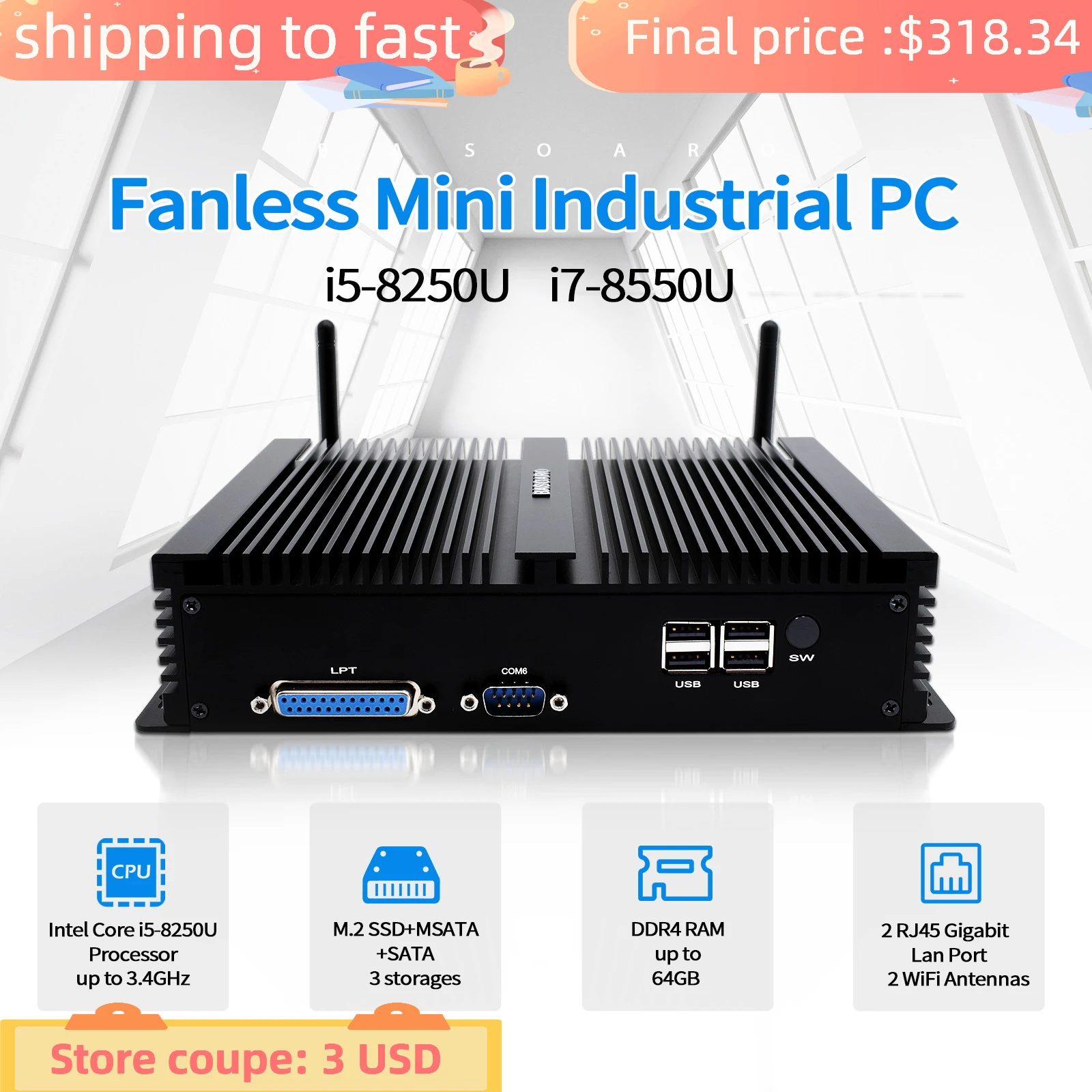 HYSTOU 1× LPT Fanless Mini PC Intel 8G 16G DDR4 256G 512G Desktop HD DP EDP BT4.2 Windows11 6*RS232 COM Industrial Computer ITX