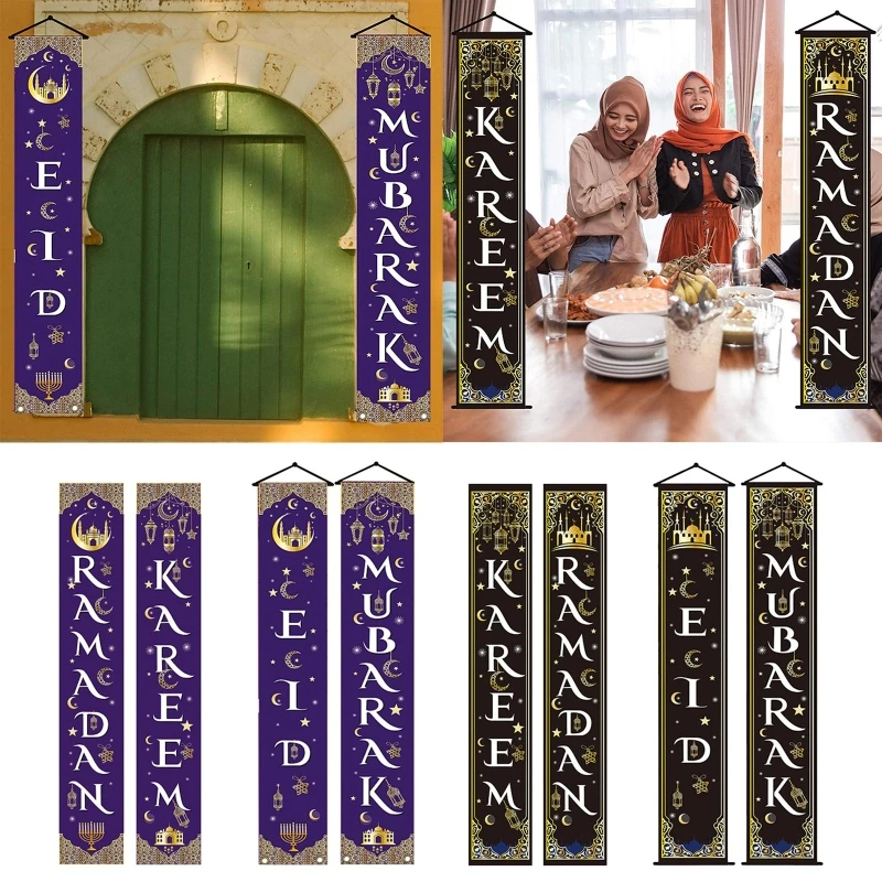 

2Pcs/Set Eid Mubarak Porch Banner Ramadan Kareem Mosque Front Door Curtain Flag Hanging Sign Islamic Muslim Party Decor