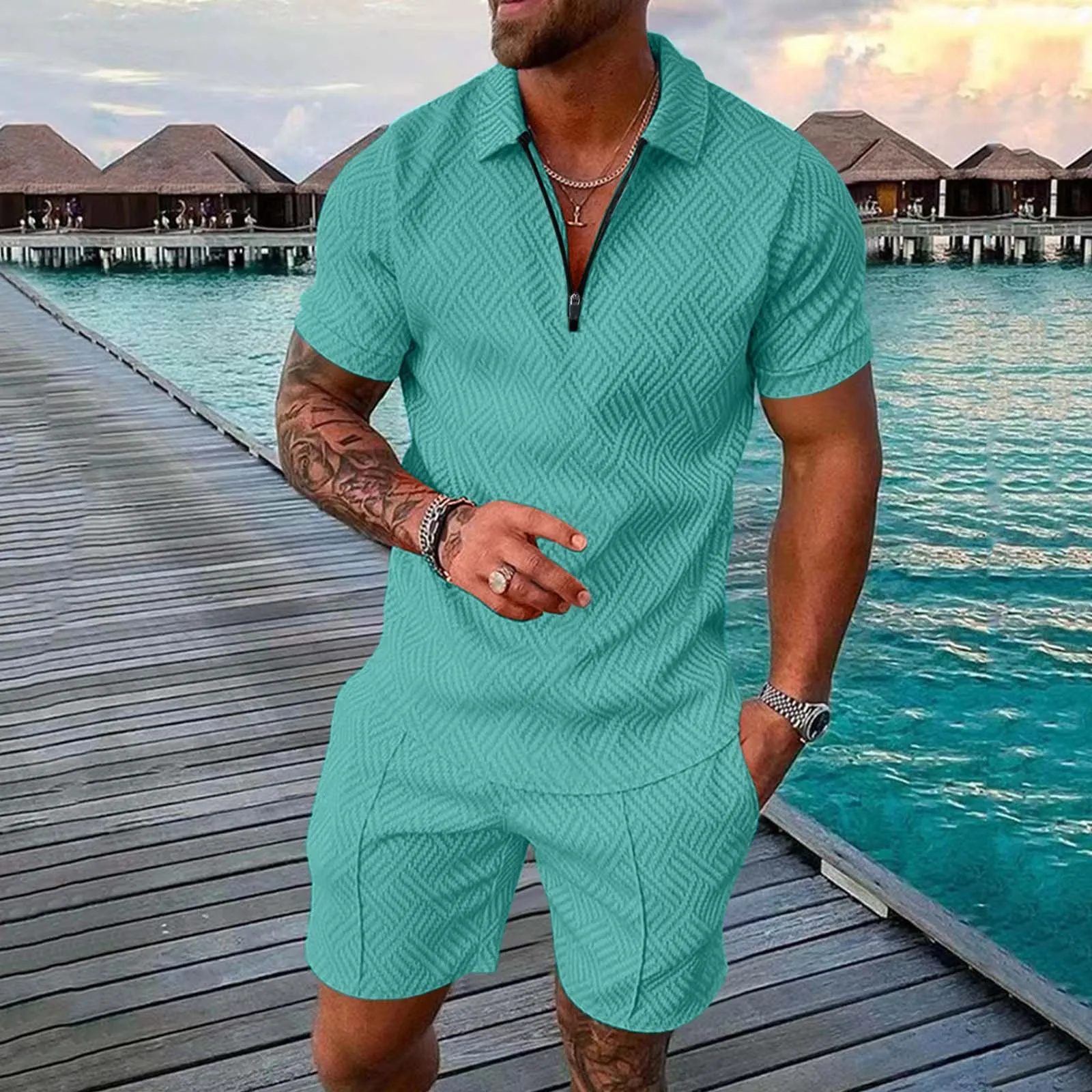 

Male Casual Striped Two Piece Suit Zipper Collar Short Sleeve Top Blouse Suit Drawstring Pocket Short Set Mens Costume Suits