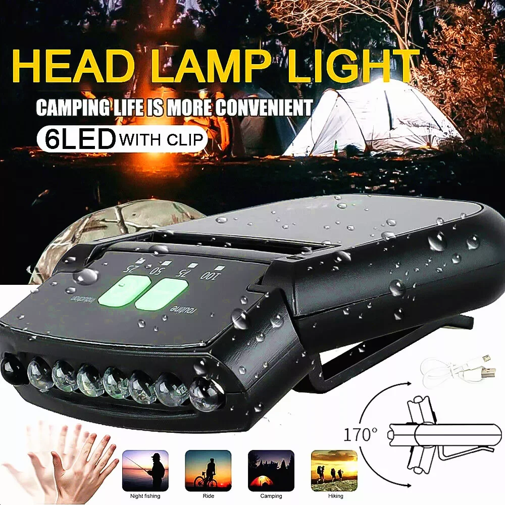 

Head Lamp Light Gesture Sensor LED Headlamp 6 LED USB Rechargeable Clip On Hat Sensor Night Fishing Light Display Rotatable