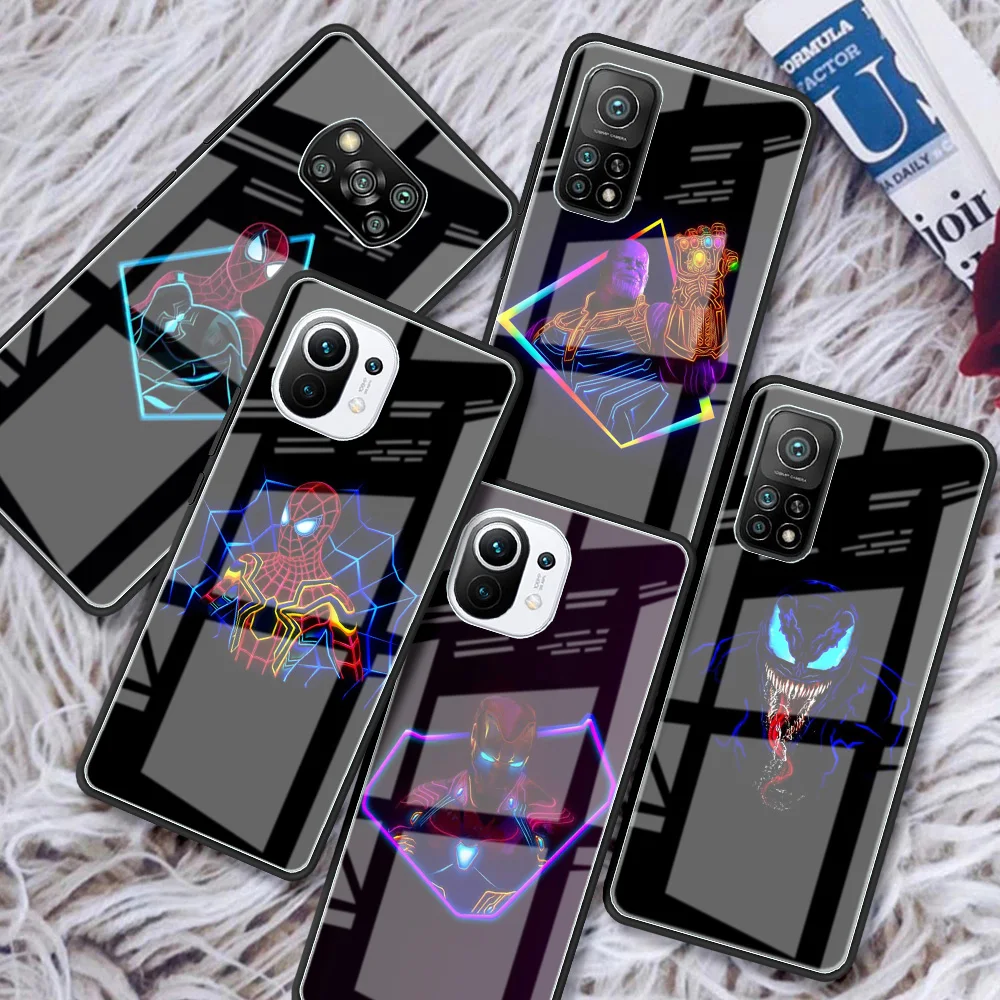 

Neon Marvel Hero Glass Case For Xiaomi Mi Poco X3 NFC M3 F3 Phone Cover For Redmi Note 11 10 9 8 Pro 9S 11T 9A 9C 9T 10T Shell