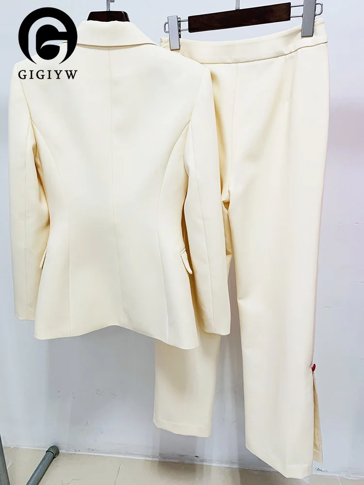 

GIGIYW Fashion Women's 2 Pcs Set Notched Slim Red Single Breasted Blazer High Waist Solid Color Pants Suit Spring 2023 New