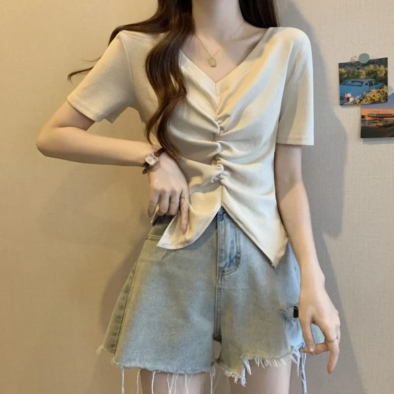 French Style V-neck Short Sleeve T-shirts Women's Summer 2024 New Slimming Inner Base Layer Top Shoulder