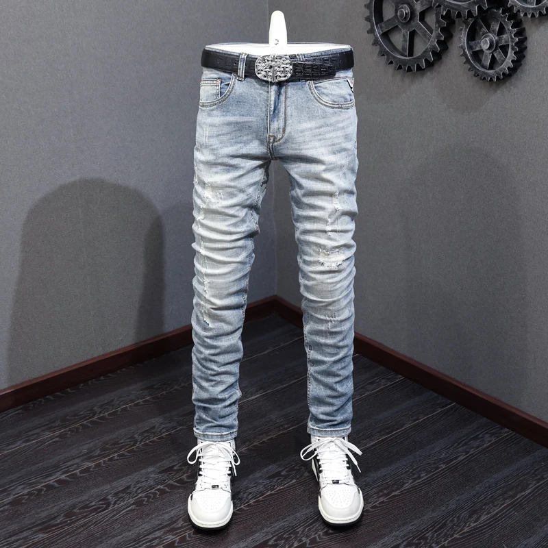 Street Fashion Men Jeans High Quality Retro Light Blue Elastic Stretch Slim Fit Ripped Jeans Men Patched Designer Vintage Pants