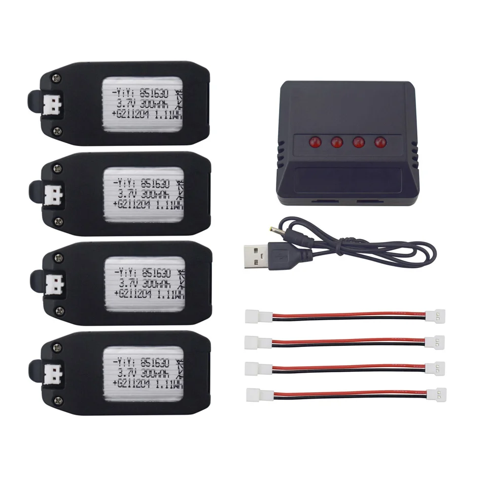 

1S 3.7V 300mah 25C Lithium Battery PH2.0 Plug Connector w 4in1 Balance Charger for NH330 RH821 Quadcopter RC Drone Lipo Parts