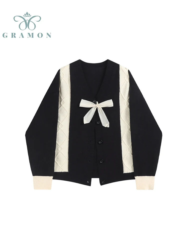 

Preppy Style Women Autumn Vintage Knit Sweater 2022 V Neck Bow Retro Cardigan Female Casual Top Spring Fashion Loose Outerwear