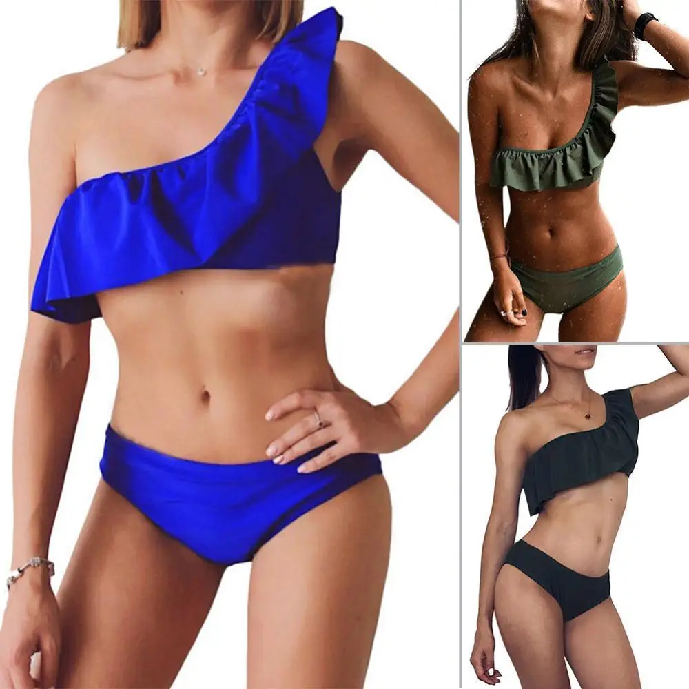 

Bikini Set Solid Color LadiesSuit One Shoulder Ruffled Bikini Set Two-piece Swimsuit Swimwear For Beach купальник 2022 новинка