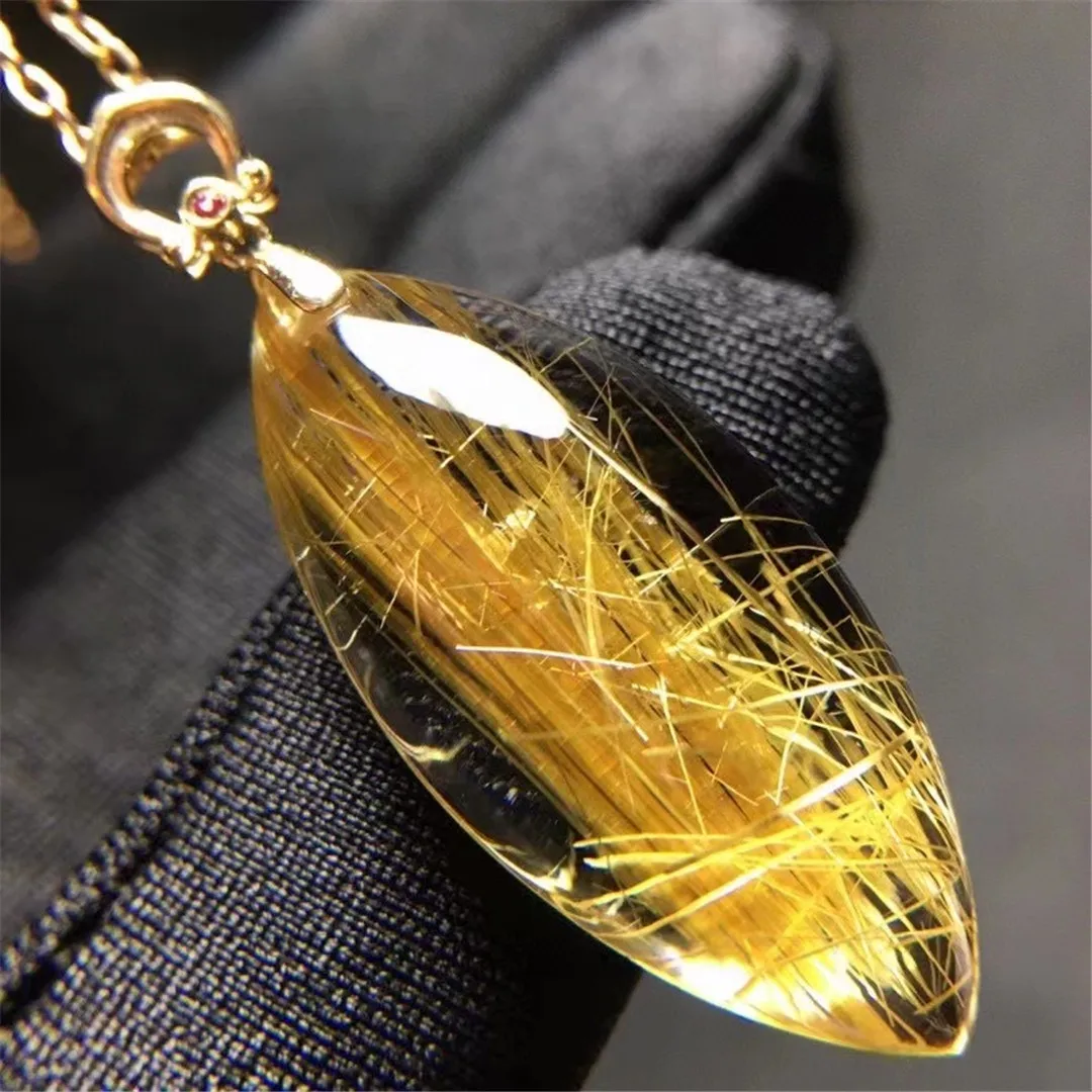

Natural Gold Rutilated Quartz Pendant Jewelry For Woman Man Wealth Gift 28x13x7mm Beads Crystal Energy Gemstone 18K Gold AAAAA