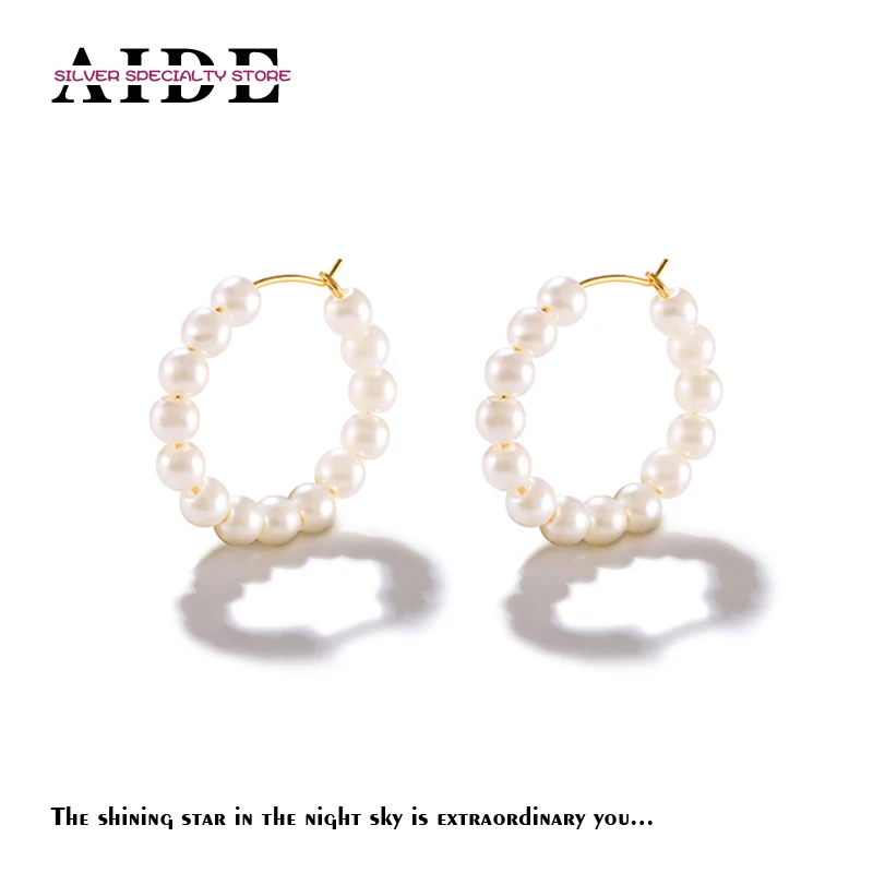 

AIDE Girl's Pearl Hoop Earring for Woman Wedding Fine Jewelry S925 Silver Piercing Huggie Earring Brinco Femme Party Gift серьги