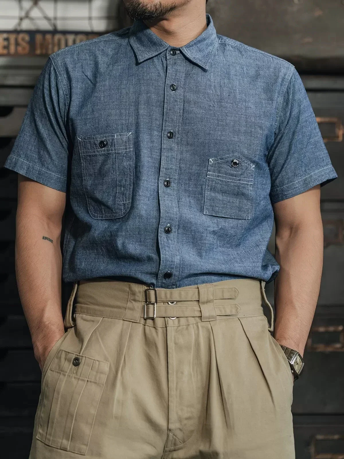 Нена складная рубашка Chambray с карманами для сигарет упрощенная версия Второй