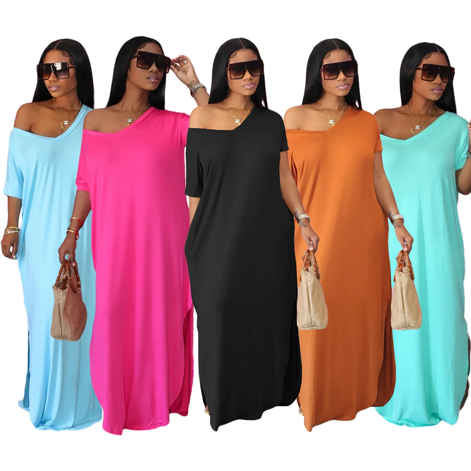 

2022 women clothes casual dresses tshirt dress summer solid color clothing v-neck loose long dress new
