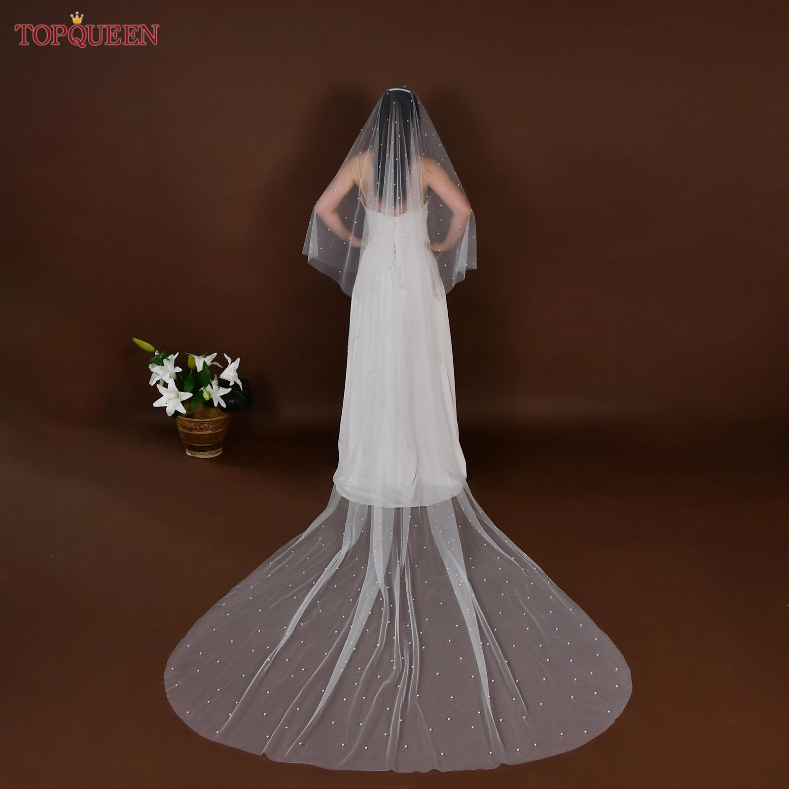 Фото TOPQUEEN V114 Жемчужная свадебная фата, двухслойные румяна Velo De Novias, свадебные аксессуары для собора, настраиваемые №5