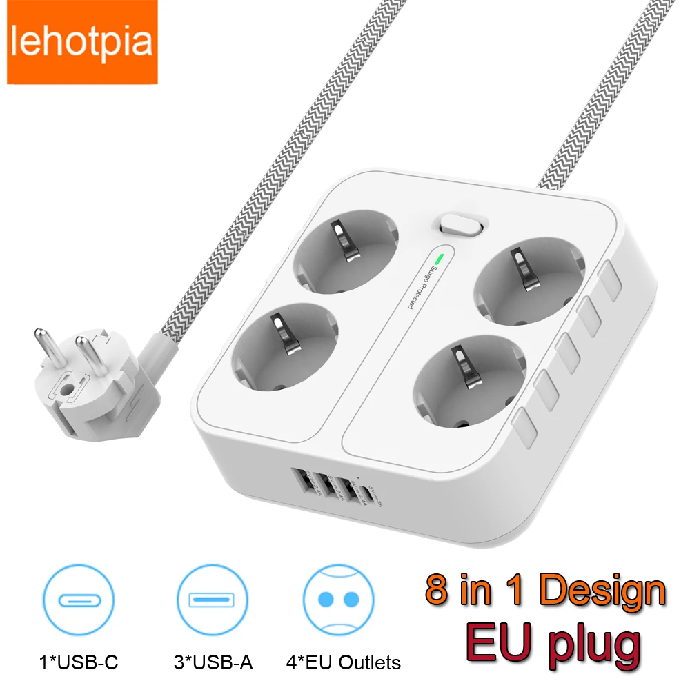 

EU Plug Multi Power Strip With Extension Cord USB Type C Ports Electrical Sockets For iPhone Macbook Overload Protection Charger