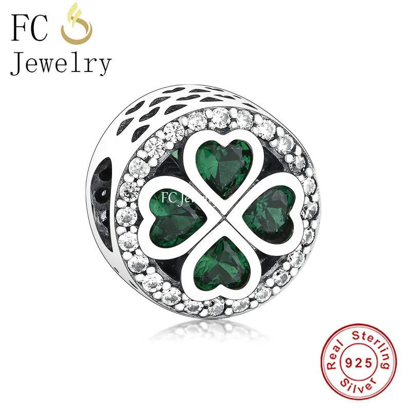 

FC Jewelry Fit Original Pan Charms Bracelet 925 Silver Green Four Heart Leaf Clover Bead For Making Women Birthday Berloque