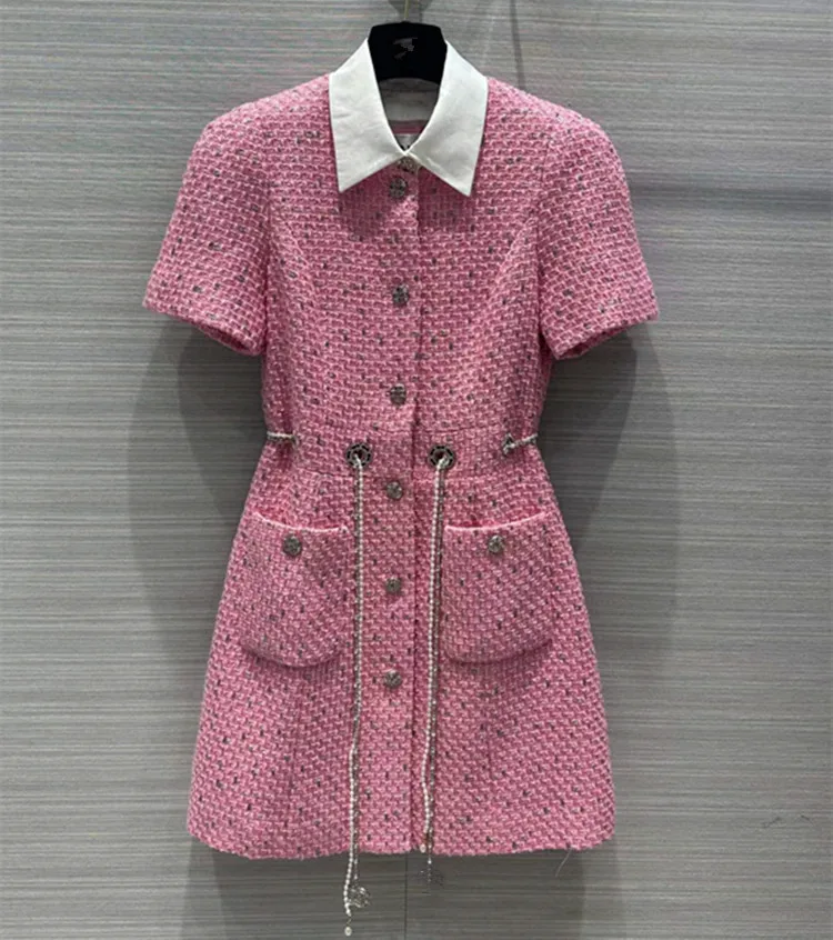 

European and American women's dress 2023 summer new style Short sleeve with pink single breasted fashion Tweed dress coat