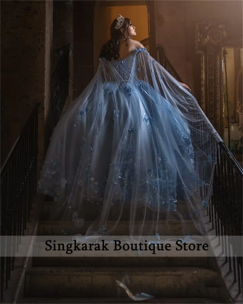 Шикарное бальное платье небесно-голубого цвета красивые платья 16 Quinceanera бусины 3D