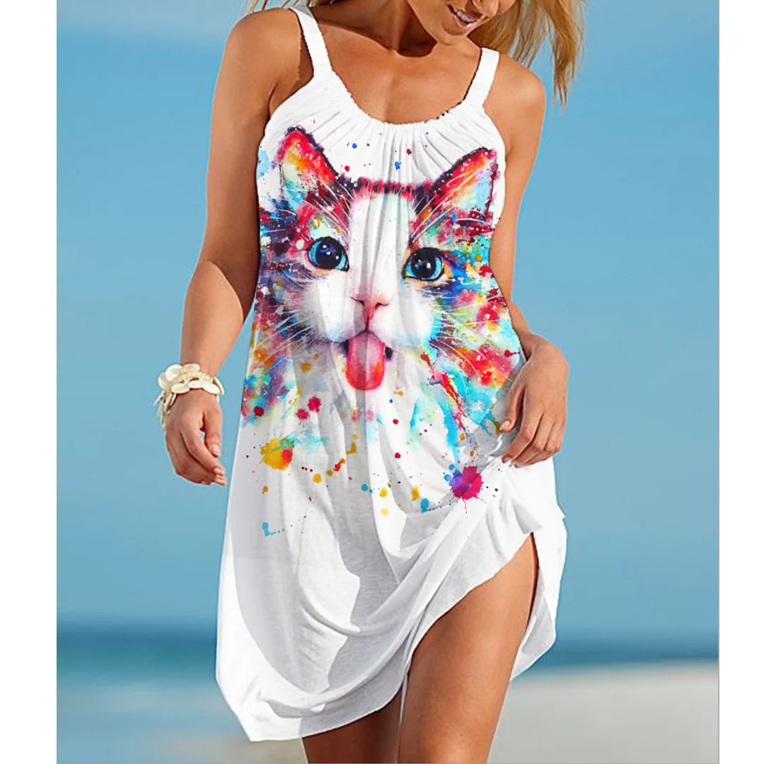 

2022 Summer New Kawai Cat Print Women's Dress Summer Beach Dress Sea Anchor Cat 3D Printed Women Vintage Sexy Beachwear