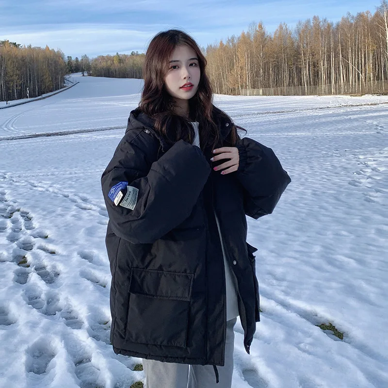 Down cotton jacket women's loose and thick hooded cotton jacket in winter