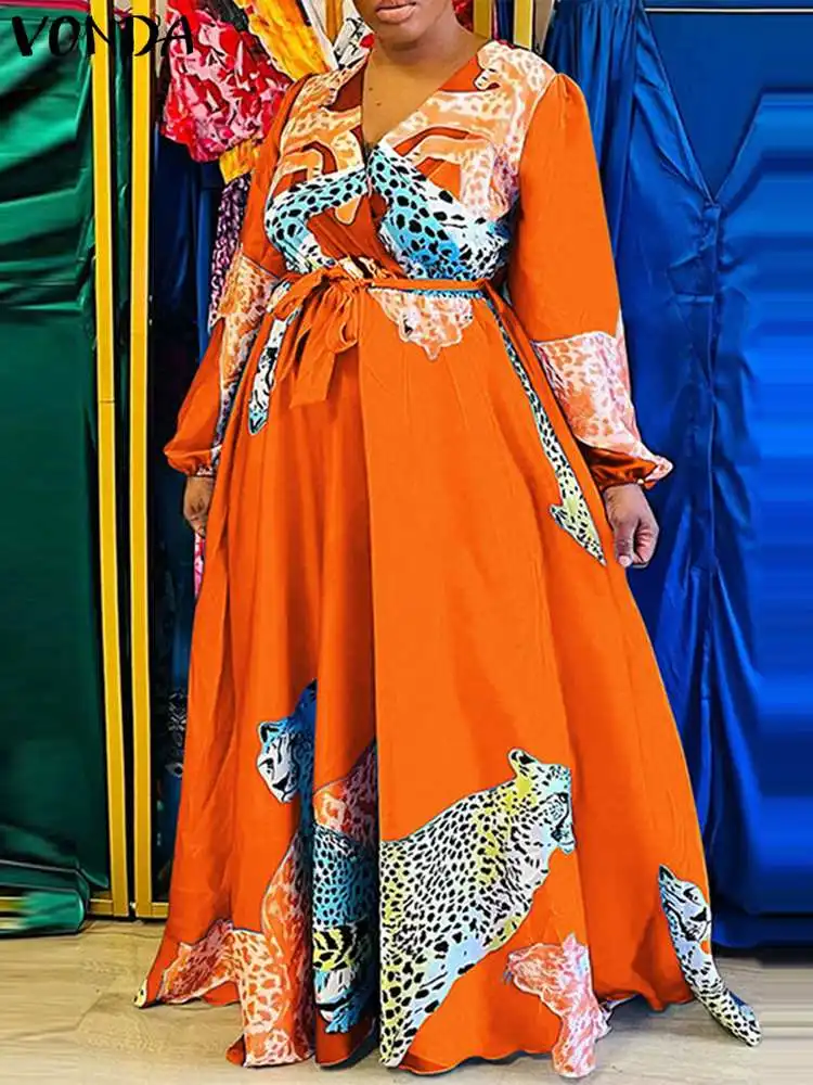 

Женское винтажное платье VONDA, летнее платье макси с V-образным вырезом и поясом, Свободный Повседневный плиссированный богемный сарафан с рукавами-фонариками, 2023