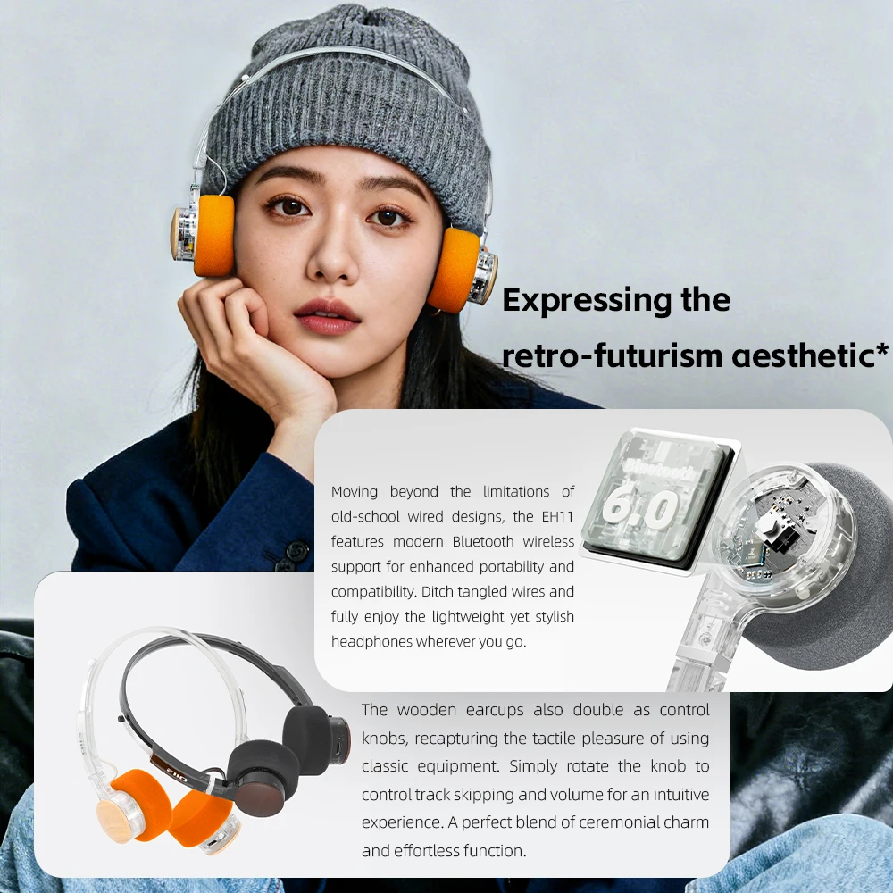 Фото Наушники FIIO EH11 с Bluetooth, мощным басом и аудио высокого разрешения LDAC, легкий ретро-дизайн, 30 часов автономной работы, подключение к двум устройствам и A №2