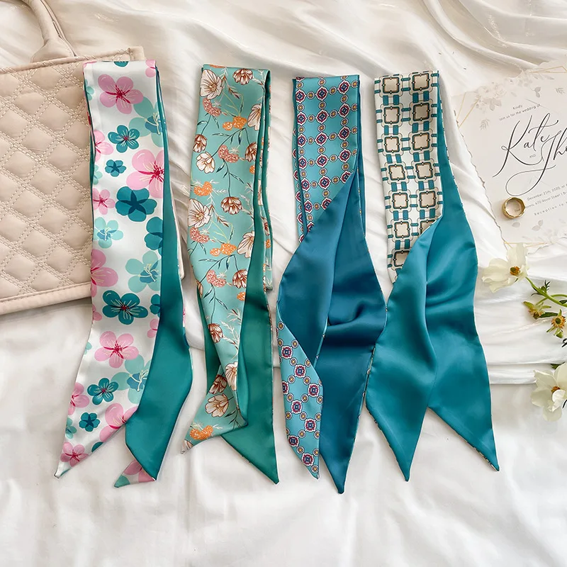 

Дизайнерский синий атласный шелковый шарф, Женский Модный Узкий Печатный декор, литературный весенне-летний шарф на шею для женщин, шарфы