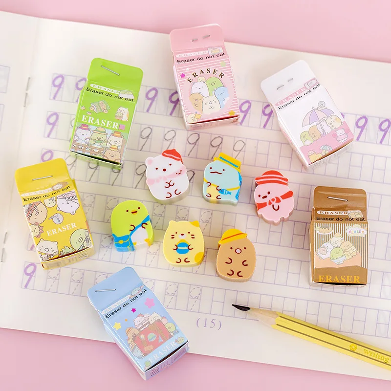 

4 pcs/pack Kawaii Milk Box Sumikko Gurashi Rubber Eraser Cute Erasers Stationery Gift Prizes School Supplies Cute Stationery