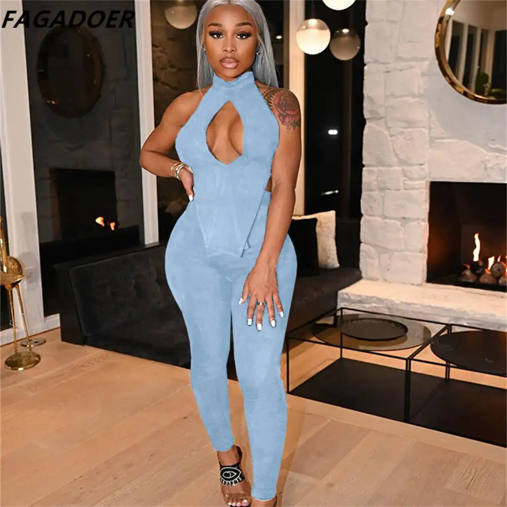 

FAGADOER Sexy Hollow Halter Lace Up And Skinny Pants Two Piece Sets Women Solild Irregular Sleeveless Backles Outifits Nightclub