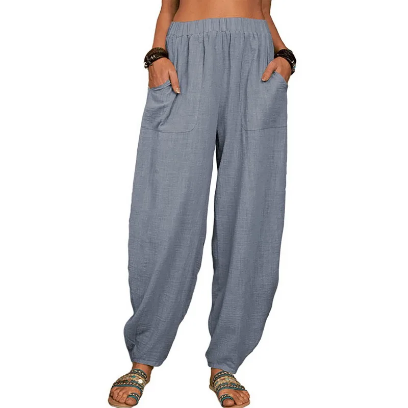 

Women'S Cotton Linen Pants Elastic Waist Vintage Trousers Lady Loose Casual Pants S-5xl Retro Cotton Long Trousers Pantalones