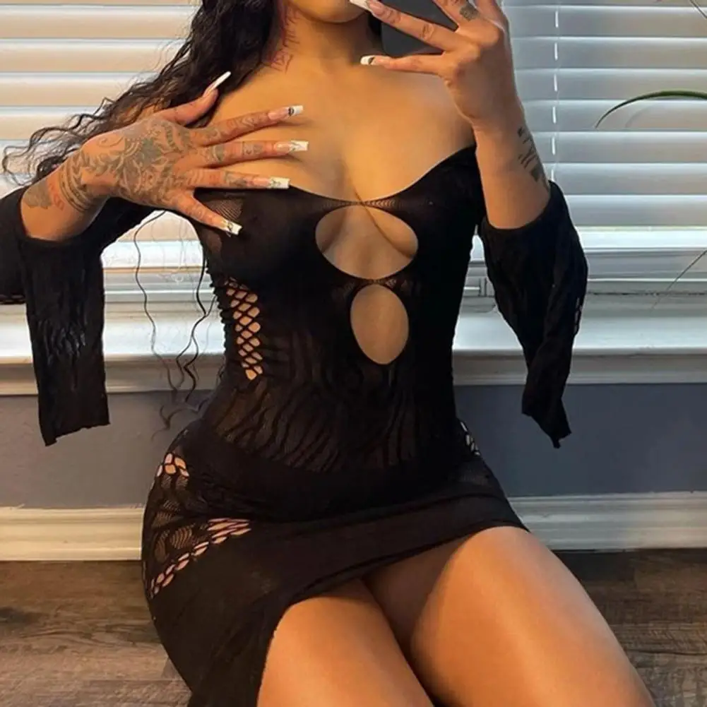 

Sexy Hollow Fishing Net Bodycon Mini Dress for Women Nightclub Striptease Clothing Summer See Through Mesh beach Dress