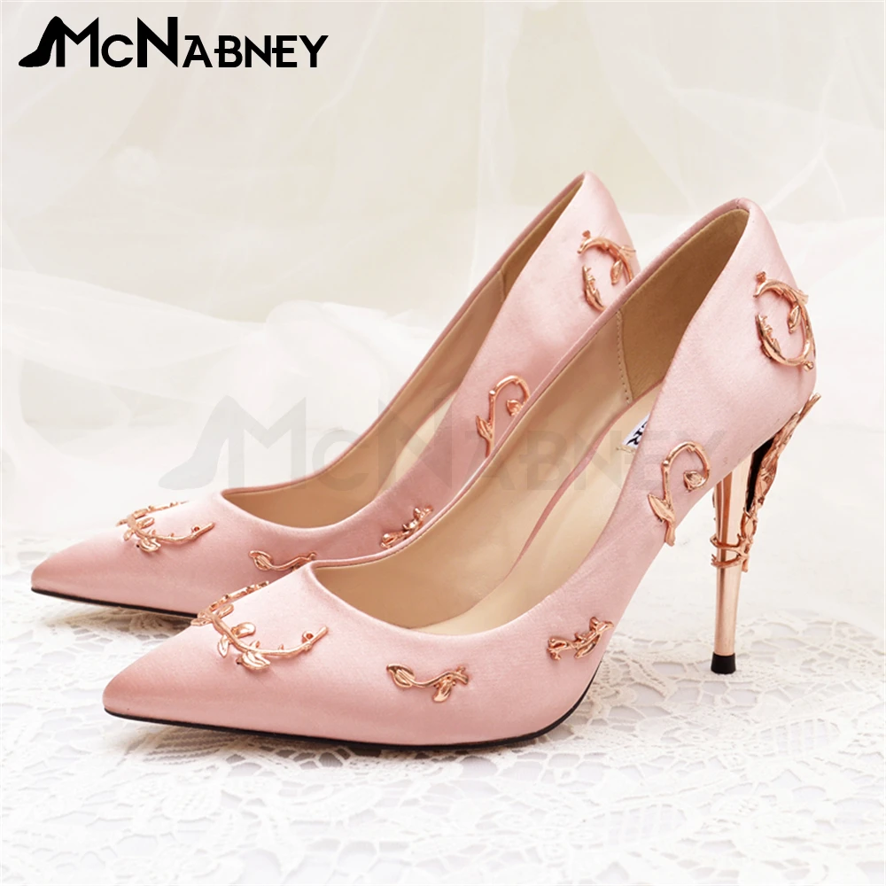 Bridal High Heels Satin Genuine Leather High Heels Luxurious Style Metal Wrapped Heels Novelty Designs Women Pumps Party Shoes