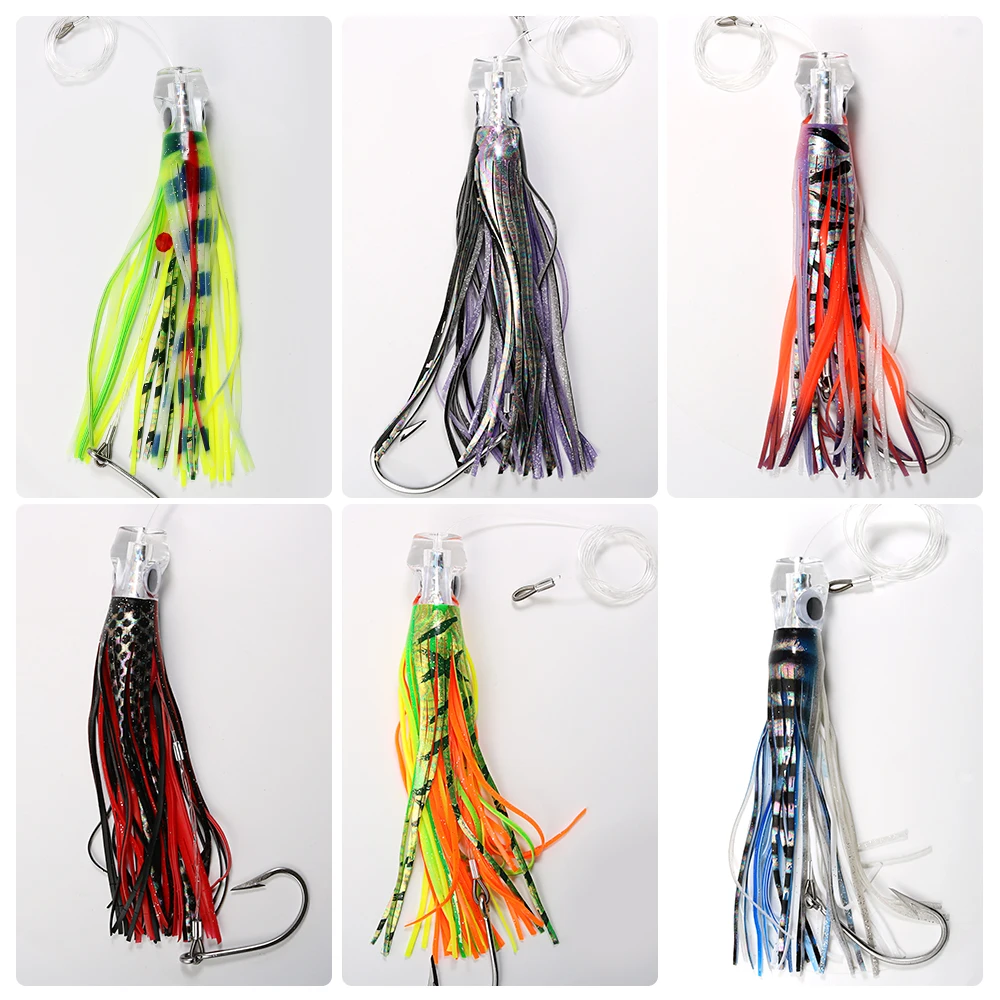 

JIGGING PRO 6pcs/Set 6.5" 9" Squid Trolling Lure With Hook Saltwater Squid Rig Combo Rigged Skirt Bait