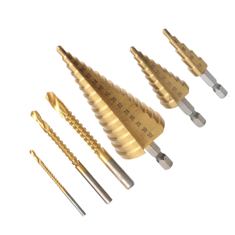 

6pcs/Set 4-12mm/4-20mm/4-32mm HSS Straight Groove Step Drill Bit Titanium Coated Wood Metal Hole Cutter Core Cone Drilling Tools