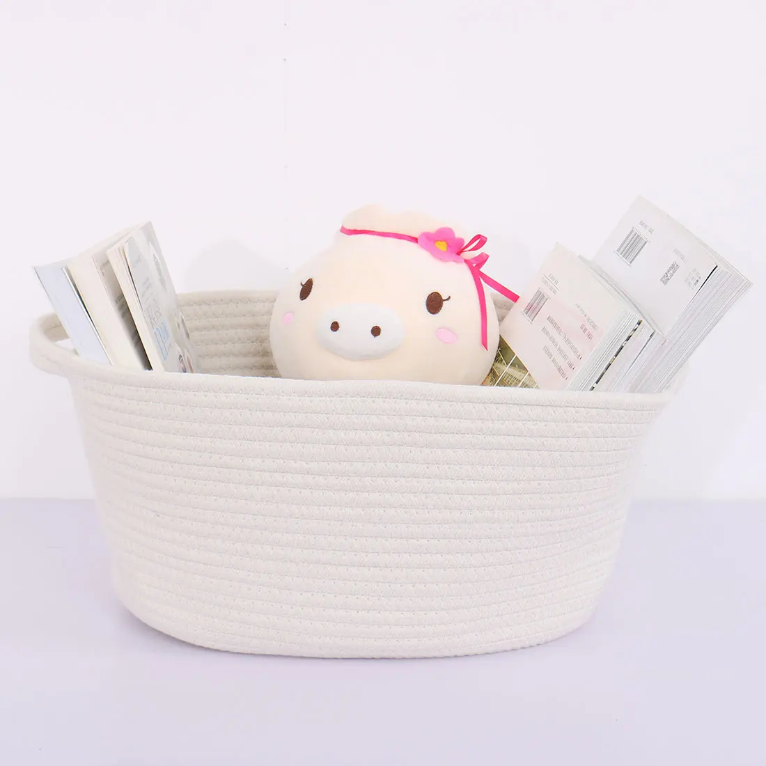 

Cotton Rope Storage Bin Basket Clothes Box Organizer 17.7x10x8In White