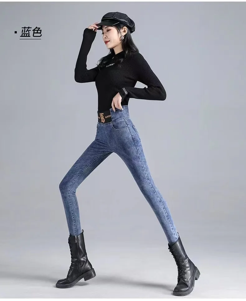 

Новинка 2022, плюшевые/одиночные брюки, женские джинсы с высокой талией, большие размеры, облегающие теплые эластичные узкие джинсы, осень и з...