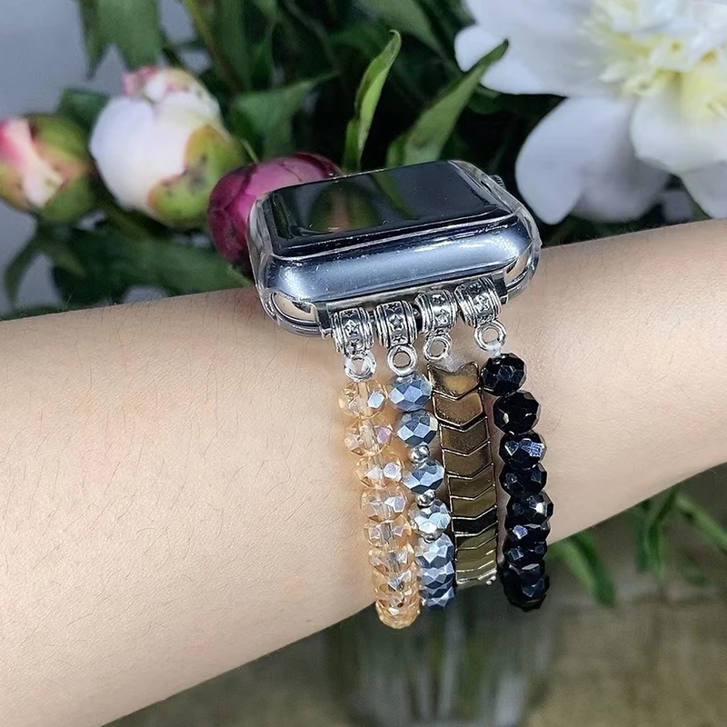 Ladies Beaded Bracelet Apple Watch Strap 41/40/38/45/44/42mm Elastic Beaded Strap iWatch Series 87654321SE