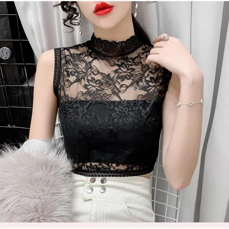 Summer Lace Cami Crop Tank Top Sleeveless Top Half Turtleneck Thin  Perspective Fashion Bottoming Shirt Short Vest - купить по выгодной цене |  AliExpress