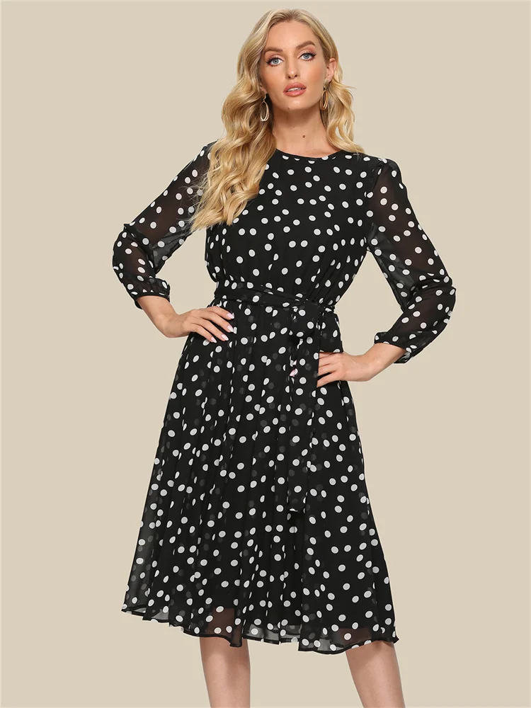

2022 New Vintage Dot Printing Women Chiffon Dresses Casual Autumn Dress Fashion Boho Beach Women Retro A-line Sundress