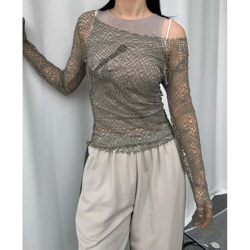 

Harajuku Dark Academia Black Crop Top Female Clubwear Fishnet Mesh Hollow Out T-shirt Sexy Sun Protection Clover-Ups Tees Women