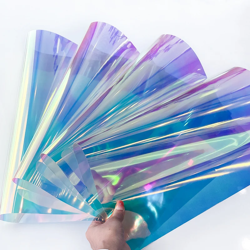 

Iridescent Holographic Transparent PVC Fabric 4 Pcs Faux Leather Sheets Laser Rainbow Film Vinyl for Craft Bag Earring DIY Bows