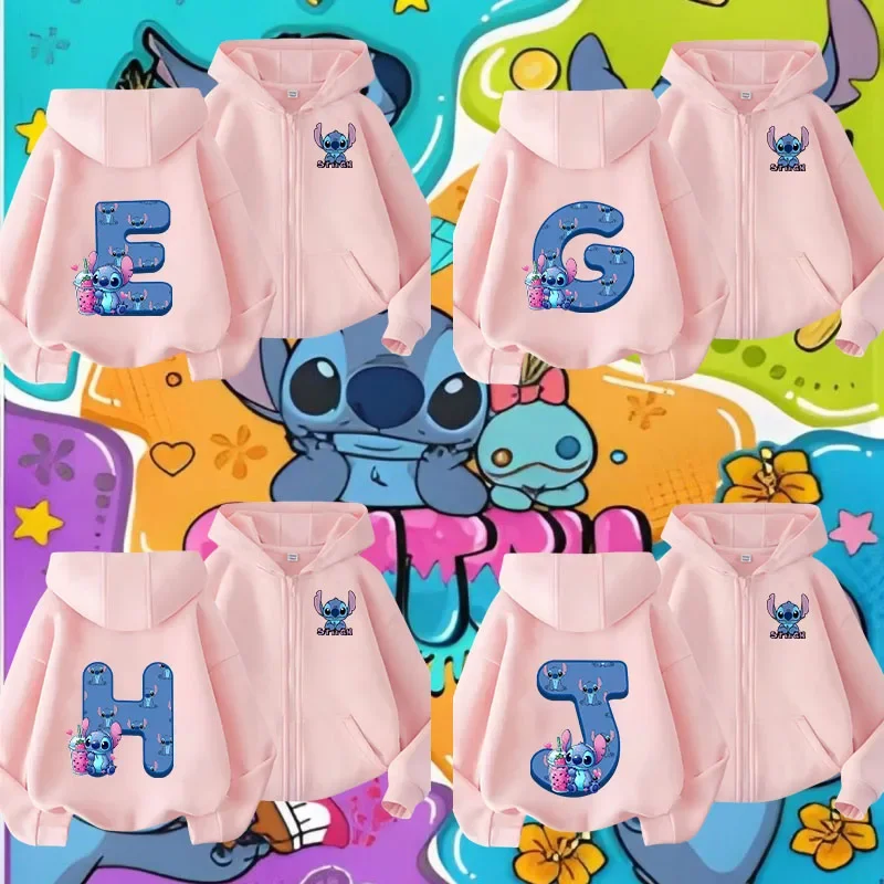 2025 Stitch ABCEFG Letter kids Zipper hoodie Cartoon Print Disney Series Spring Jacket Handsome boys girls Kawaii sweater coat