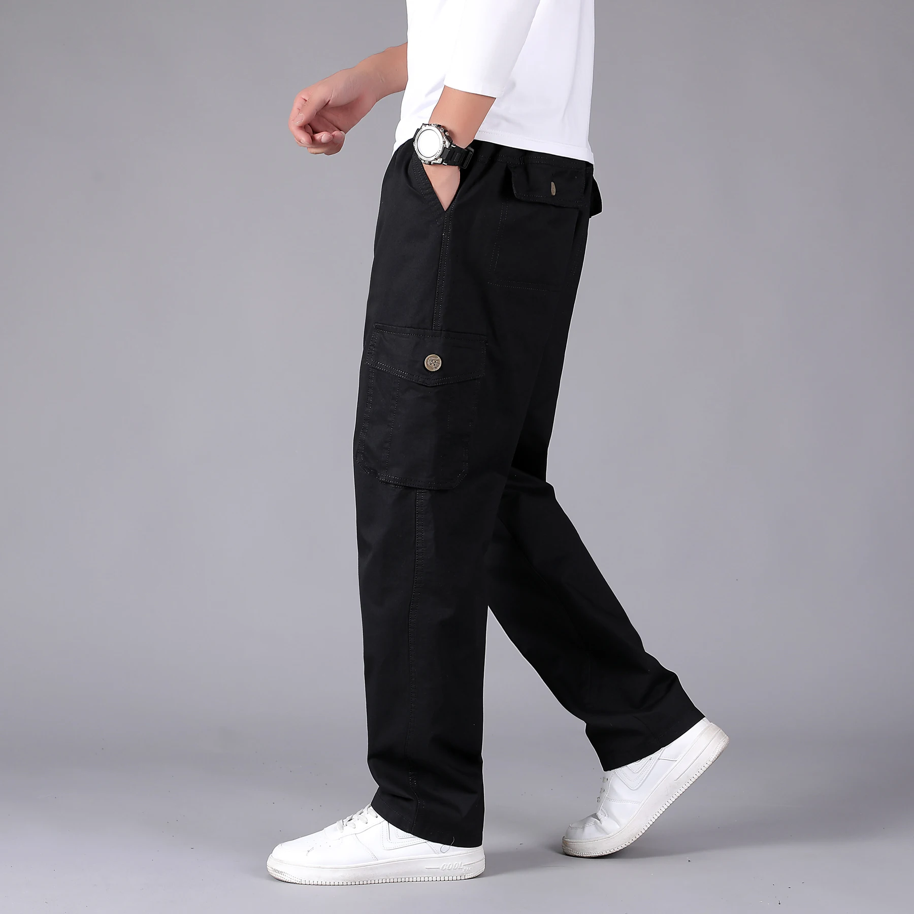 

Men's Relaxed Fit Washed Twill casual cotton Pant Classic Flap Pocket Cargo pants with elastic waistband big and tall trousers