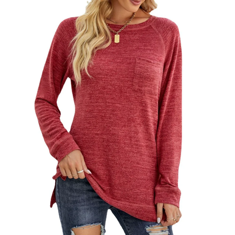 

Women's Loose Round Neck Long Sleeve Pocket T-Shirt Casual Solid Color Tops