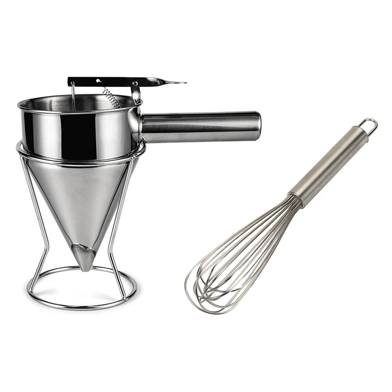 

1 Stainless Steel Baking Funnel Pancake Dough Dispenser + Fixed Stand With Dough Collector