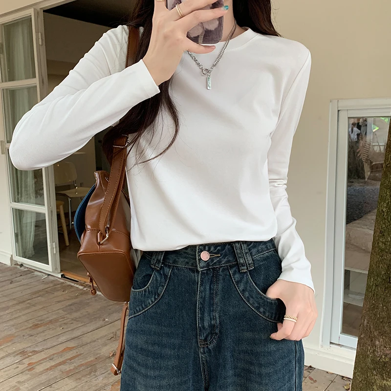 Однотонные базовые облегающие футболки с круглым вырезом и длинным рукавом