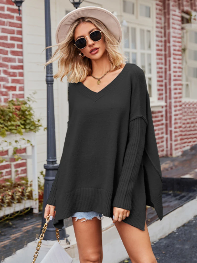 

Женский Однотонный свитер, элегантный повседневный модный Свободный пуловер для офиса с длинным рукавом и V-образным вырезом, новинка сезона осень-зима 2023